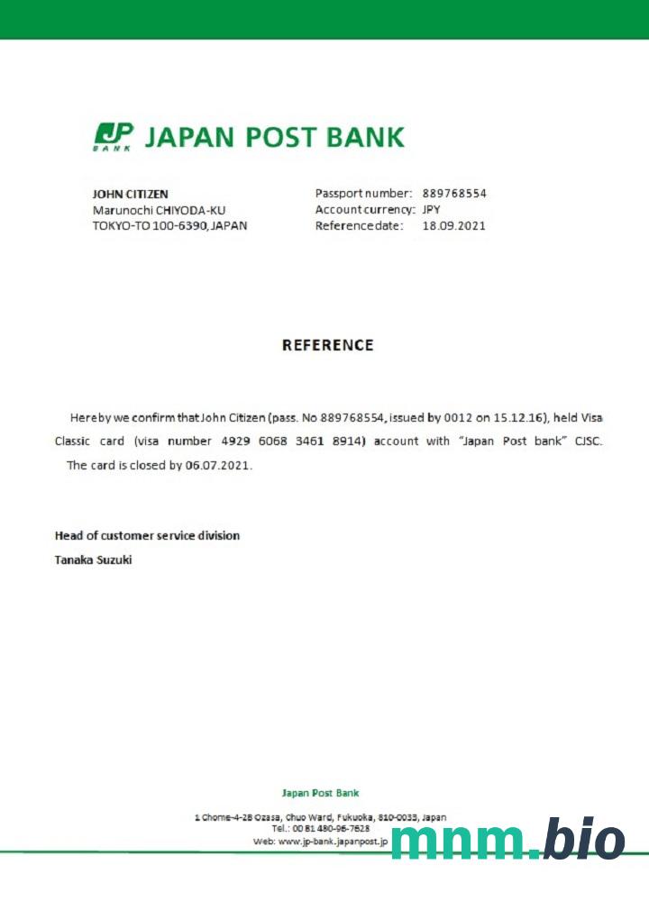 Przykład odniesienia do zamknięcia banku w Japonii w formacie Word i PDF